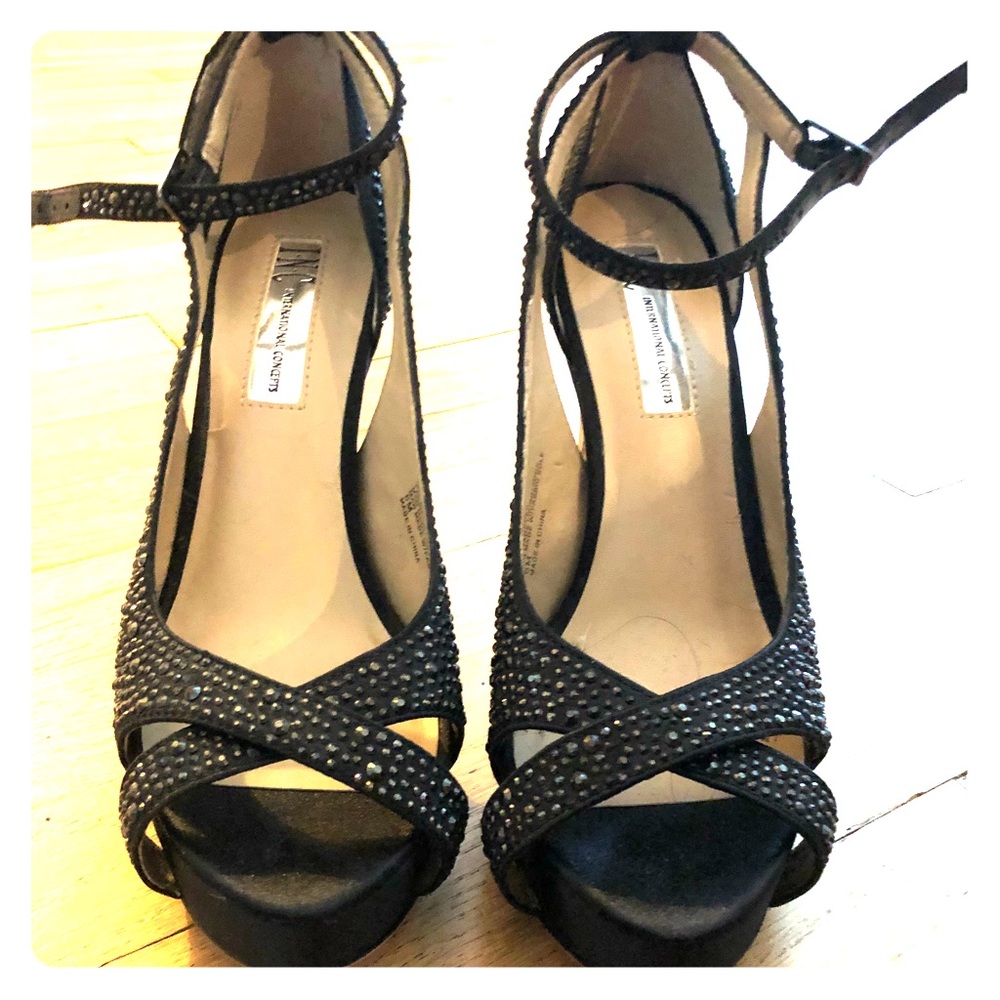 Black Satin Rhinestone Metallic Heel